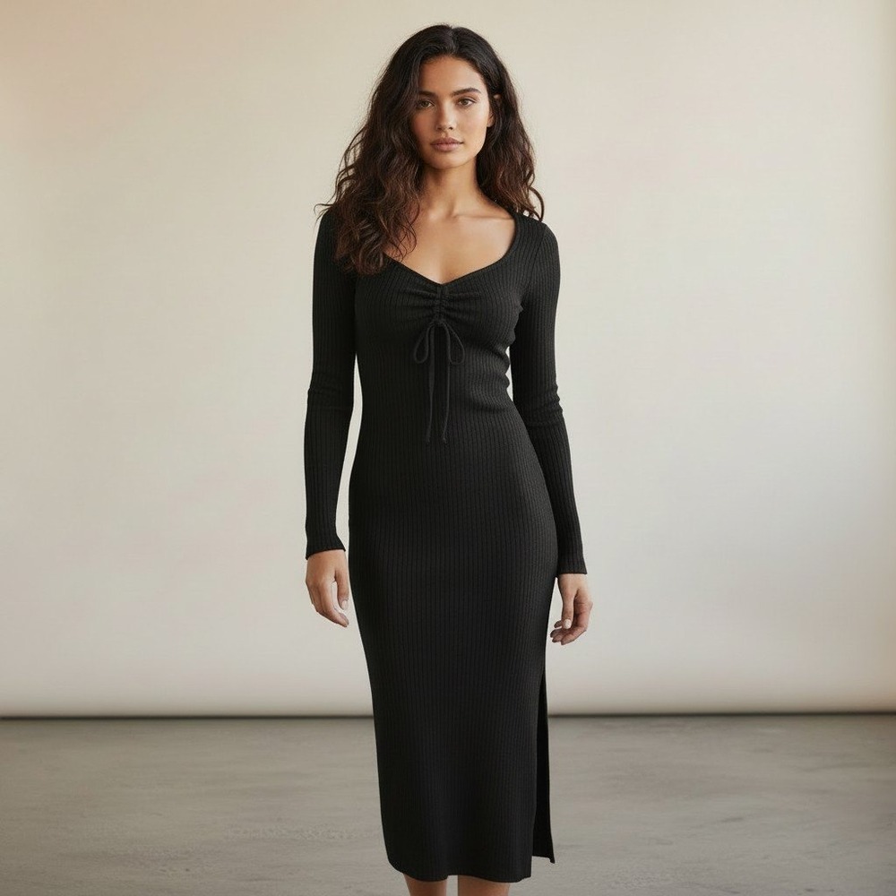 by Anthropologie Black Knit Long Sleeve Ruched Sweetheart Midi Dress Size Small